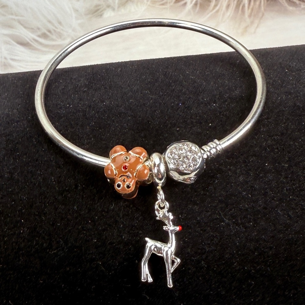 Silvertone bling holiday reindeer, gingerbread man, bangle bracelet